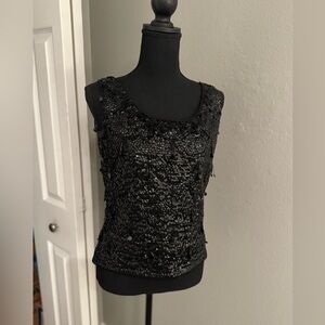 Black sequined sleeveless holiday top, medium.